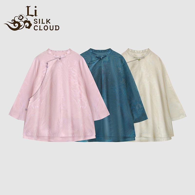 LI SILK CLOUD xiangyunsha Stand-Collar Short Sleeve Top Ancient Style Oriental Patterns Guangdong Black Pearl  Guangdong Gauze