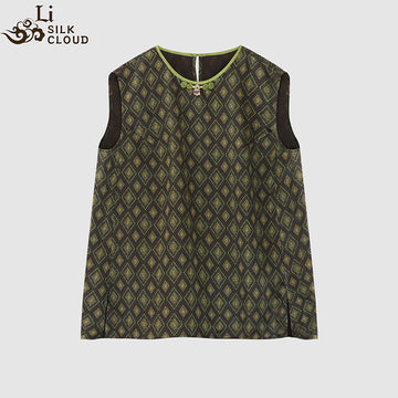 LI SILK CLOUD xiangyunsha Stand-Collar Short Sleeve Top Ancient Style Oriental Patterns Guangdong Black Pearl  Guangdong Gauze