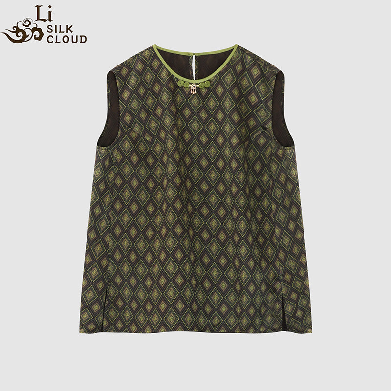 LI SILK CLOUD xiangyunsha Stand-Collar Short Sleeve Top Ancient Style Oriental Patterns Guangdong Black Pearl  Guangdong Gauze
