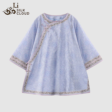 LI SILK CLOUD xiangyunsha Stand-Collar Short Sleeve Top Ancient Style Oriental Patterns Guangdong Black Pearl  Guangdong Gauze