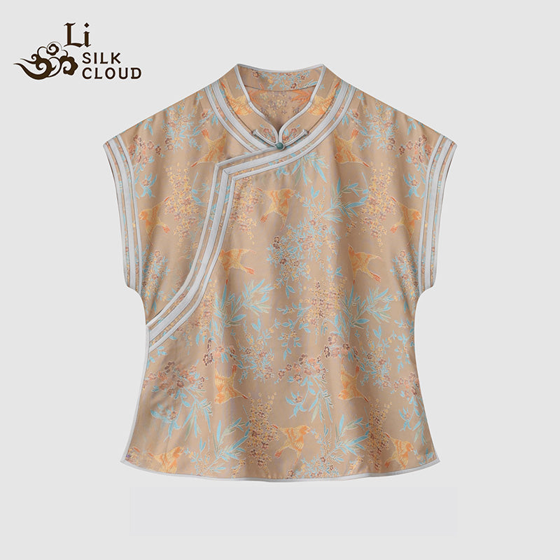 LI SILK CLOUD xiangyunsha Stand-Collar Short Sleeve Top Ancient Style Oriental Patterns Guangdong Black Pearl  Guangdong Gauze