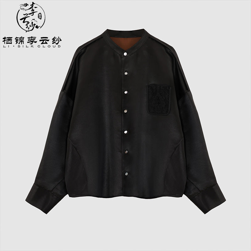 LI SILK CLOUD xiangyunsha  Blouse - Skin-Friendly Soft Fabric, Glossy Texture, Traditional Guangdong Black Pearl Guangdong Gauze