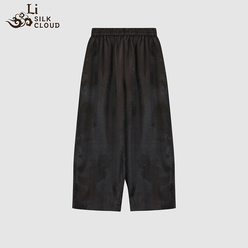 Handmade Traditional Silk Pants – Li Silk Cloud Natural Dyed Gambiered Guangdong Silk Loose Trousers Elegant Daily Wear