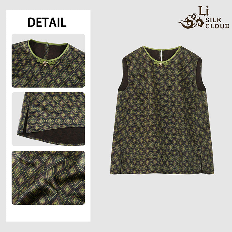 LI SILK CLOUD xiangyunsha Stand-Collar Short Sleeve Top Ancient Style Oriental Patterns Guangdong Black Pearl  Guangdong Gauze