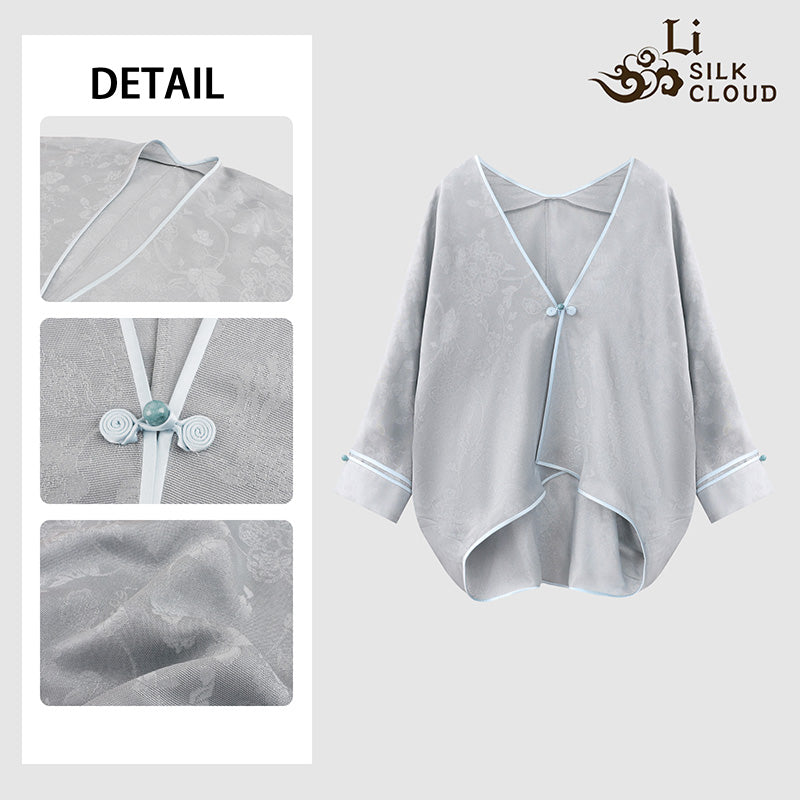 LI SILK CLOUD xiangyunsha Stand-Collar Short Sleeve Top Ancient Style Oriental Patterns Guangdong Black Pearl Guangdong Gauze