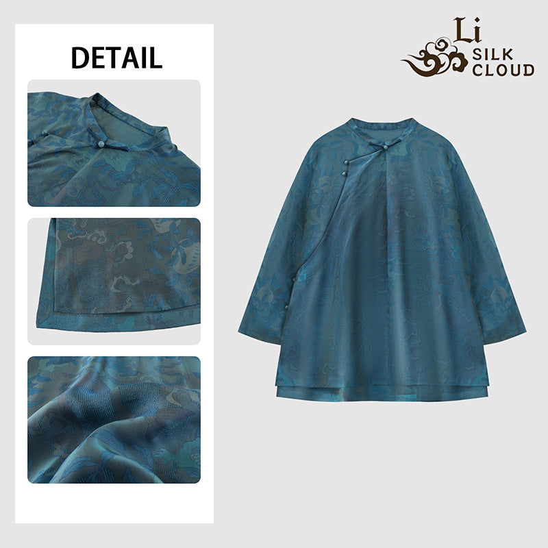 LI SILK CLOUD xiangyunsha Stand-Collar Short Sleeve Top Ancient Style Oriental Patterns Guangdong Black Pearl  Guangdong Gauze