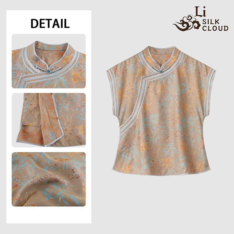 LI SILK CLOUD xiangyunsha Stand-Collar Short Sleeve Top Ancient Style Oriental Patterns Guangdong Black Pearl  Guangdong Gauze