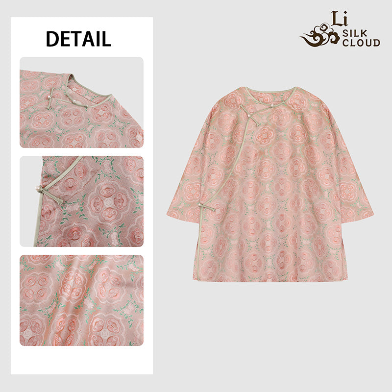 LI SILK CLOUD xiangyunsha Stand-Collar Short Sleeve Top Ancient Style Oriental Patterns Guangdong Black Pearl  Guangdong Gauze