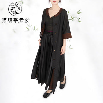 LI SILK CLOUD Vintage Style Autumn Long-Sleeve Dress - Ruffled Details, Soft Fabric, Casual Fall Gown Guangdong Black Pearl