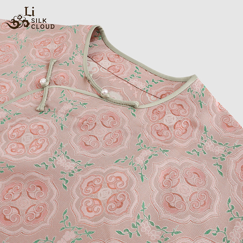 LI SILK CLOUD xiangyunsha Stand-Collar Short Sleeve Top Ancient Style Oriental Patterns Guangdong Black Pearl  Guangdong Gauze