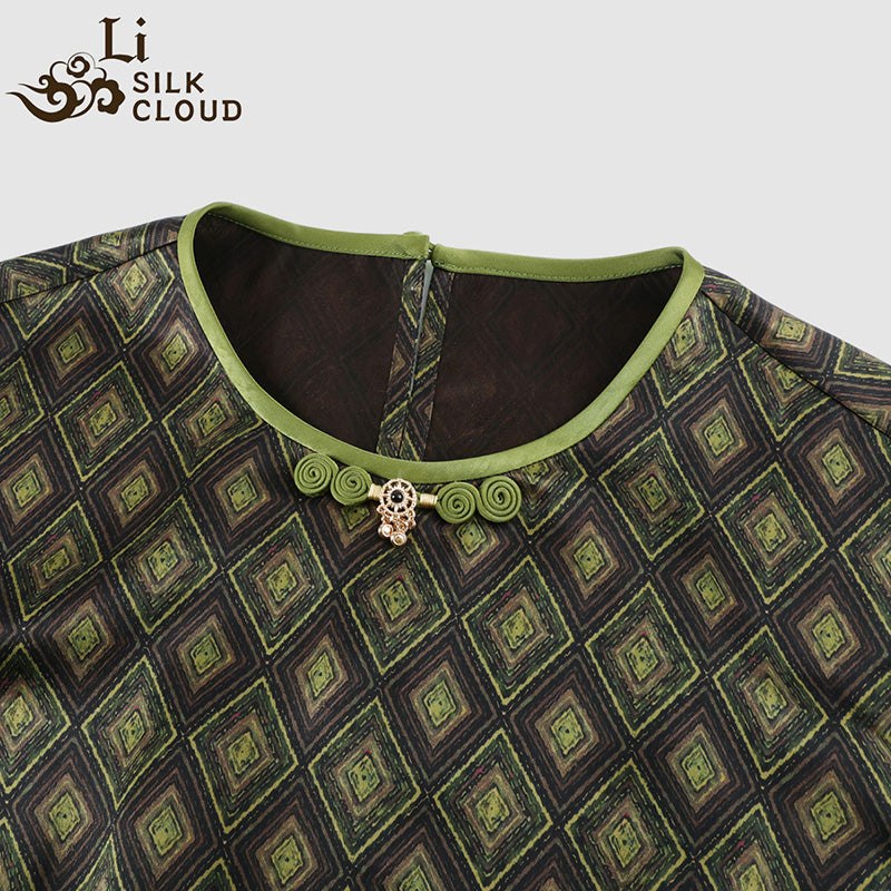 LI SILK CLOUD xiangyunsha Stand-Collar Short Sleeve Top Ancient Style Oriental Patterns Guangdong Black Pearl  Guangdong Gauze