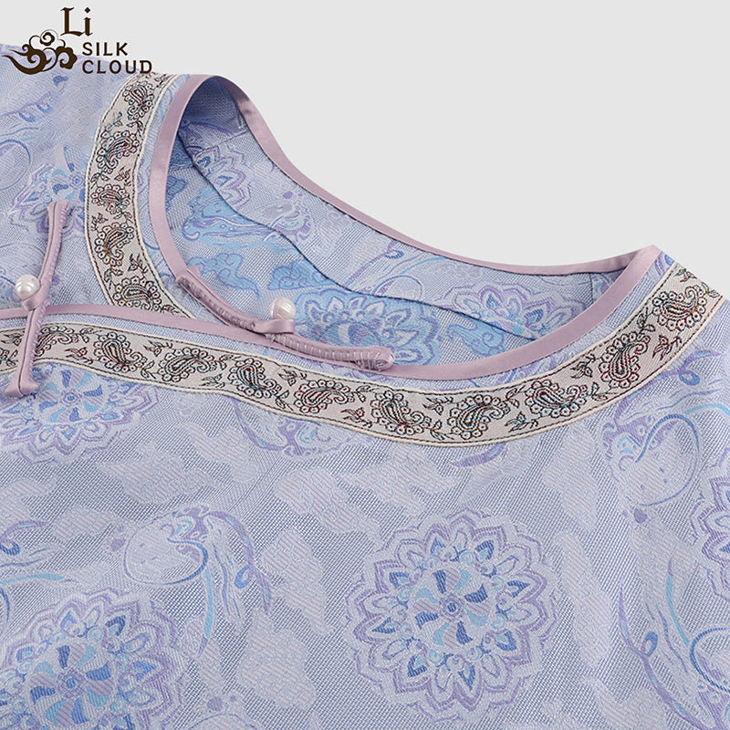 LI SILK CLOUD xiangyunsha Stand-Collar Short Sleeve Top Ancient Style Oriental Patterns Guangdong Black Pearl  Guangdong Gauze