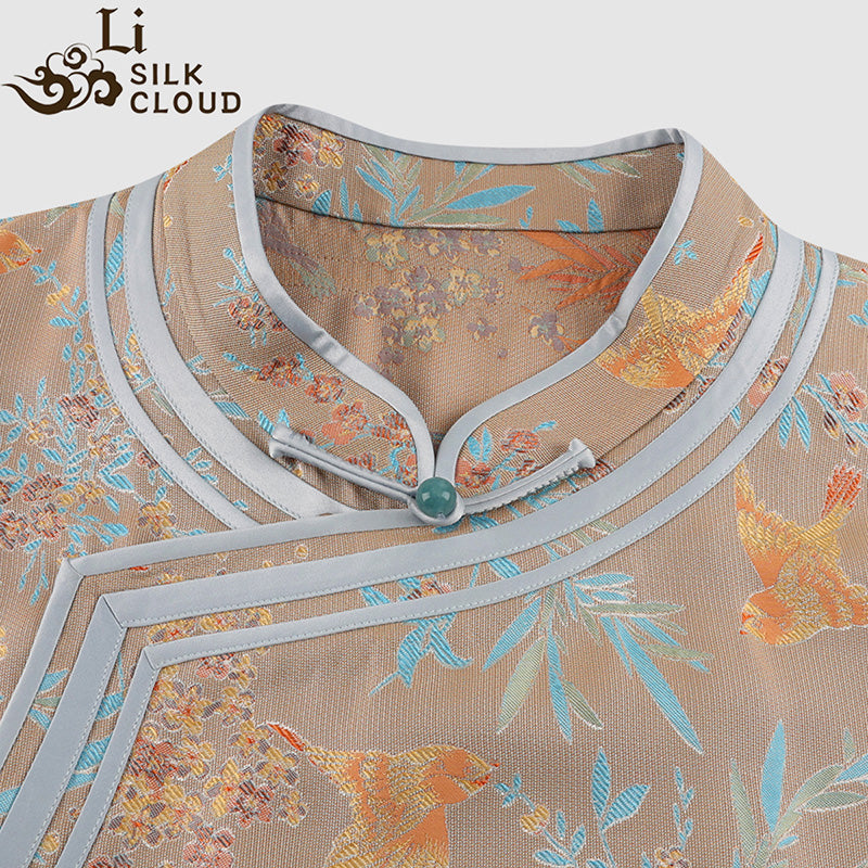 LI SILK CLOUD xiangyunsha Stand-Collar Short Sleeve Top Ancient Style Oriental Patterns Guangdong Black Pearl  Guangdong Gauze