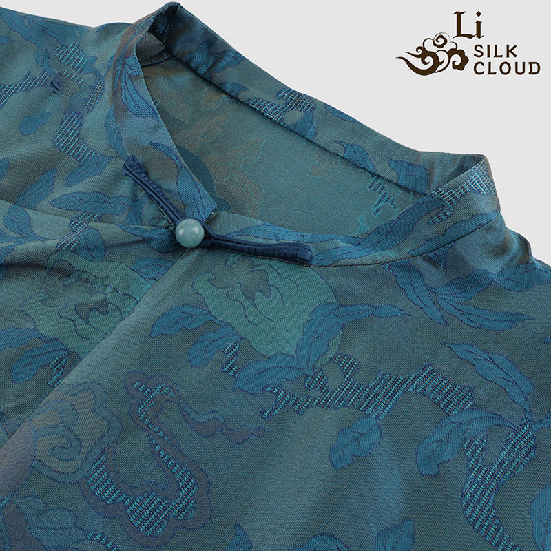 LI SILK CLOUD xiangyunsha Stand-Collar Short Sleeve Top Ancient Style Oriental Patterns Guangdong Black Pearl  Guangdong Gauze