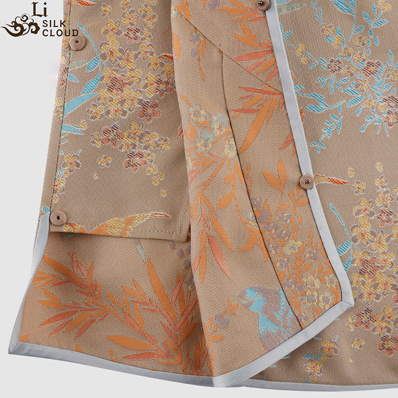 LI SILK CLOUD xiangyunsha Stand-Collar Short Sleeve Top Ancient Style Oriental Patterns Guangdong Black Pearl  Guangdong Gauze