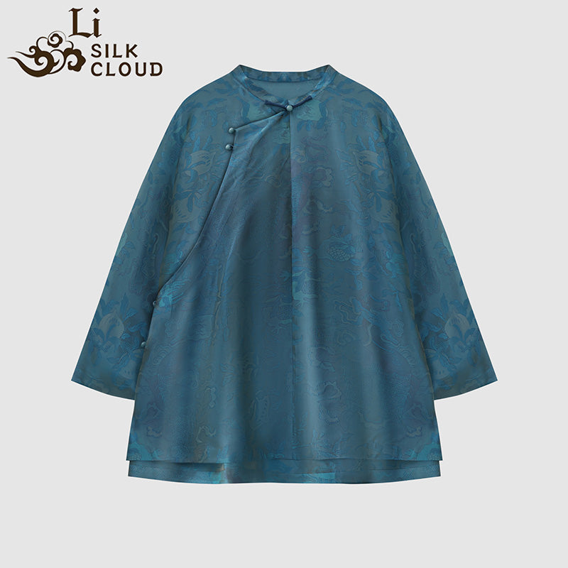LI SILK CLOUD xiangyunsha Stand-Collar Short Sleeve Top Ancient Style Oriental Patterns Guangdong Black Pearl  Guangdong Gauze