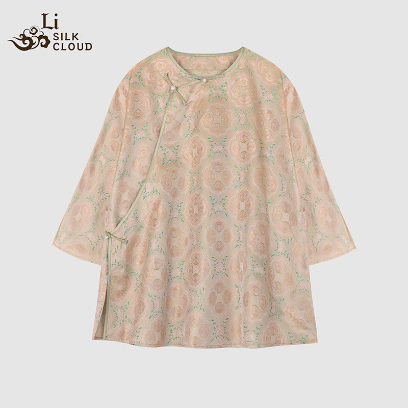 LI SILK CLOUD xiangyunsha Stand-Collar Short Sleeve Top Ancient Style Oriental Patterns Guangdong Black Pearl  Guangdong Gauze