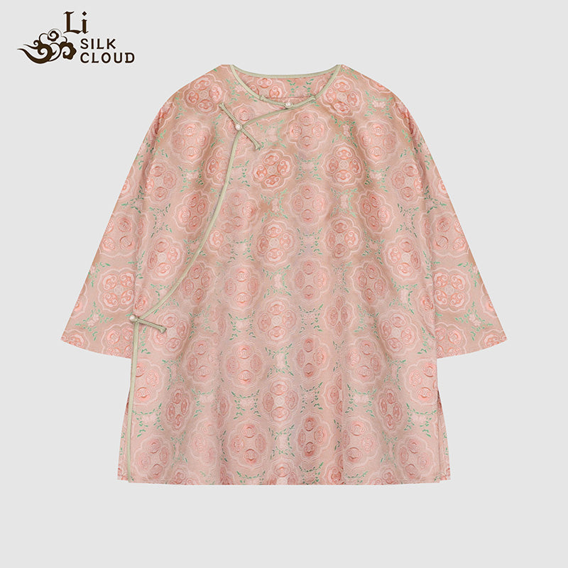 LI SILK CLOUD xiangyunsha Stand-Collar Short Sleeve Top Ancient Style Oriental Patterns Guangdong Black Pearl  Guangdong Gauze