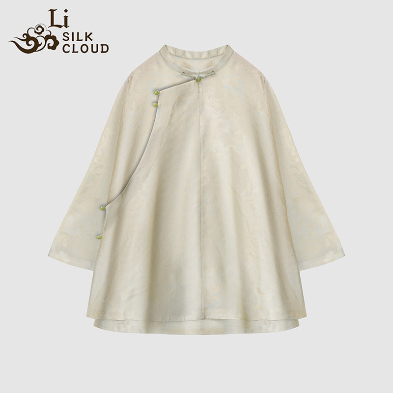 LI SILK CLOUD xiangyunsha Stand-Collar Short Sleeve Top Ancient Style Oriental Patterns Guangdong Black Pearl  Guangdong Gauze