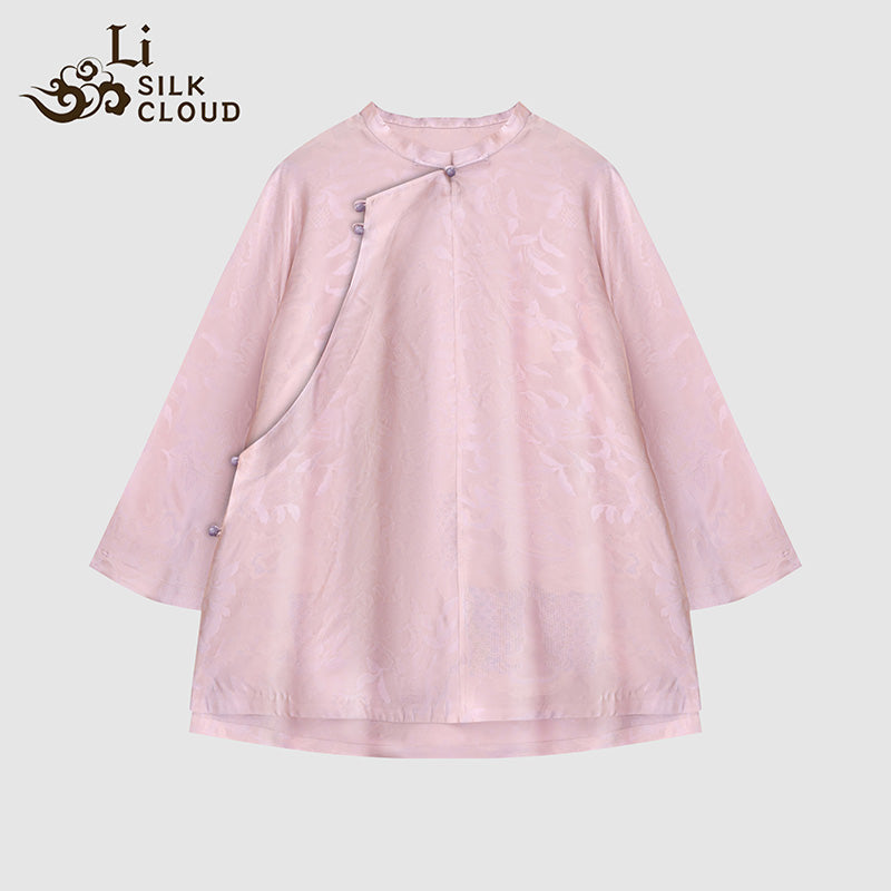 LI SILK CLOUD xiangyunsha Stand-Collar Short Sleeve Top Ancient Style Oriental Patterns Guangdong Black Pearl  Guangdong Gauze