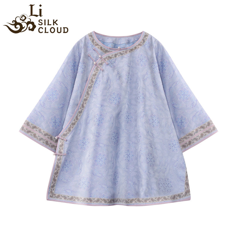 LI SILK CLOUD xiangyunsha Stand-Collar Short Sleeve Top Ancient Style Oriental Patterns Guangdong Black Pearl  Guangdong Gauze