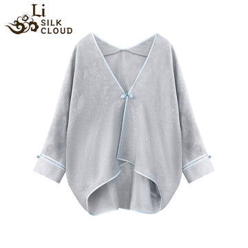 LI SILK CLOUD xiangyunsha Stand-Collar Short Sleeve Top Ancient Style Oriental Patterns Guangdong Black Pearl Guangdong Gauze