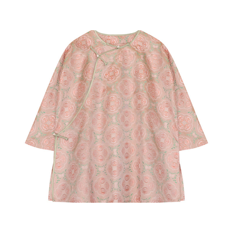 LI SILK CLOUD xiangyunsha Stand-Collar Short Sleeve Top Ancient Style Oriental Patterns Guangdong Black Pearl  Guangdong Gauze