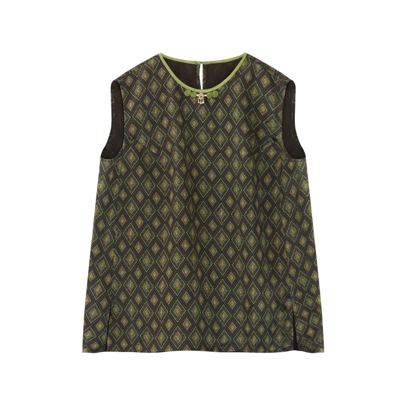 LI SILK CLOUD xiangyunsha Stand-Collar Short Sleeve Top Ancient Style Oriental Patterns Guangdong Black Pearl  Guangdong Gauze