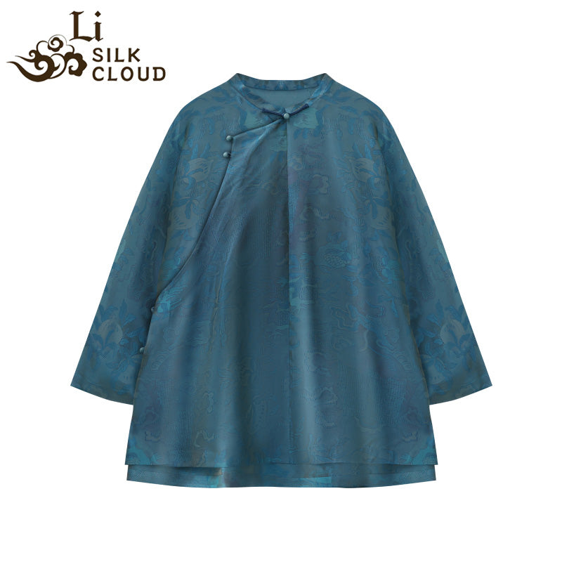 LI SILK CLOUD xiangyunsha Stand-Collar Short Sleeve Top Ancient Style Oriental Patterns Guangdong Black Pearl  Guangdong Gauze