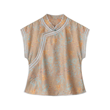 LI SILK CLOUD xiangyunsha Stand-Collar Short Sleeve Top Ancient Style Oriental Patterns Guangdong Black Pearl  Guangdong Gauze