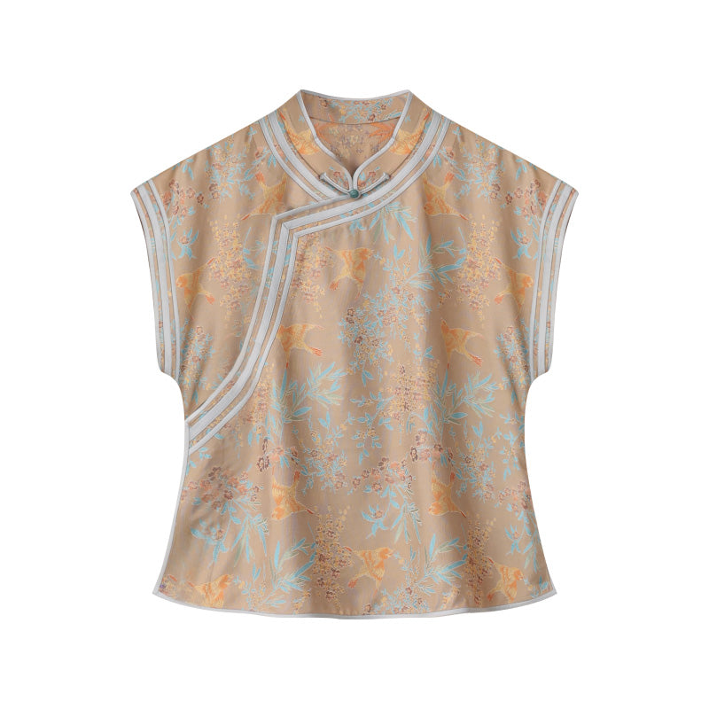 LI SILK CLOUD xiangyunsha Stand-Collar Short Sleeve Top Ancient Style Oriental Patterns Guangdong Black Pearl  Guangdong Gauze
