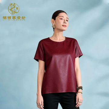 New Chinese-style Short-sleeved top Elegant red shortcovers the buttocks 3D stereoscopic cut | Guangdong Black Pearl Gambiered Guangdong Gauze xiangyunsha