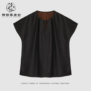 Black Silk Top Xiangyunsha Chinese style Emerald Button Ruched Neck Wide Sleeves Slim Breezy Guangdong Black Pearl Gambiered Guangdong Gauze xiangyunsha