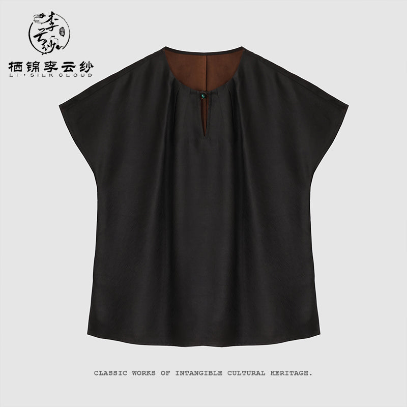 Black Silk Top Xiangyunsha Chinese style Emerald Button Ruched Neck Wide Sleeves Slim Breezy Guangdong Black Pearl Gambiered Guangdong Gauze xiangyunsha