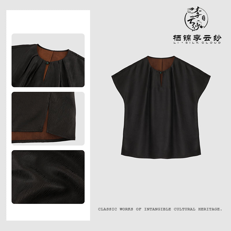 Black Silk Top Xiangyunsha Chinese style Emerald Button Ruched Neck Wide Sleeves Slim Breezy Guangdong Black Pearl Gambiered Guangdong Gauze xiangyunsha