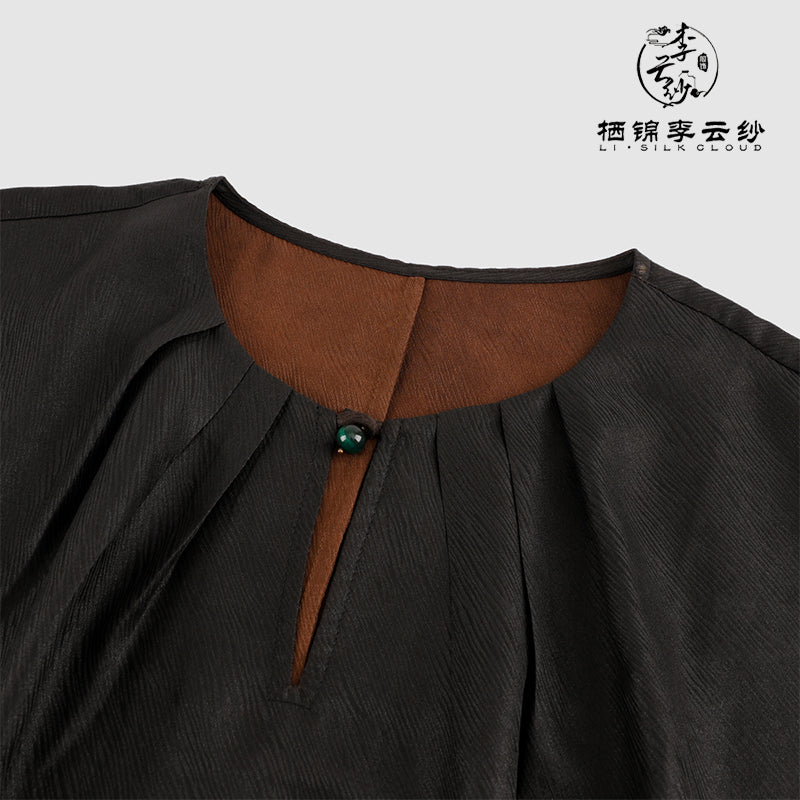 Black Silk Top Xiangyunsha Chinese style Emerald Button Ruched Neck Wide Sleeves Slim Breezy Guangdong Black Pearl Gambiered Guangdong Gauze xiangyunsha