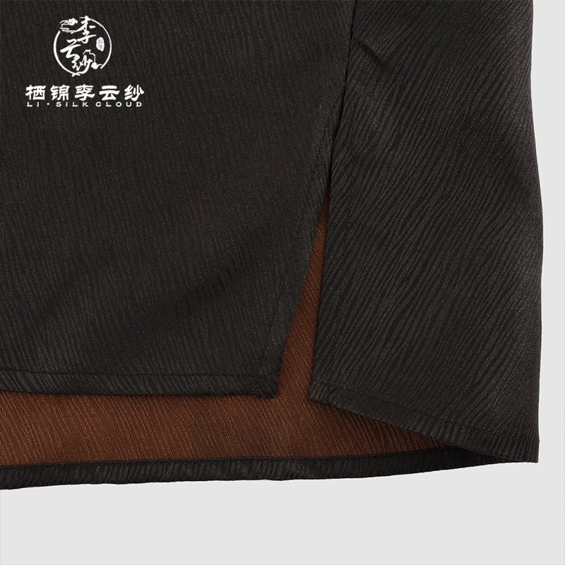 Black Silk Top Xiangyunsha Chinese style Emerald Button Ruched Neck Wide Sleeves Slim Breezy Guangdong Black Pearl Gambiered Guangdong Gauze xiangyunsha
