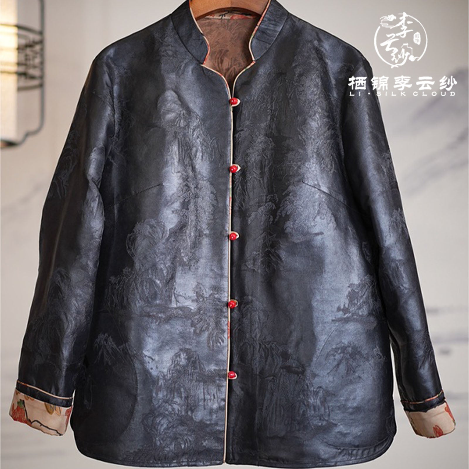 coat Hand-embroidered new Chinese-style Classical printon the cuffs | Good luck red single-breasted button Guangdong Black Pearl Gambiered Guangdong Gauze xiangyunsha