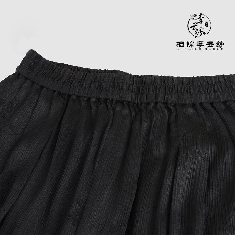 100% Silk Gambiered Silk Embroidered Flowers PantsChinese Style Black Elegant Classic Breezy   GuangdongBlack Pearl Gambiered Guangdong Gauze xiangyunsha