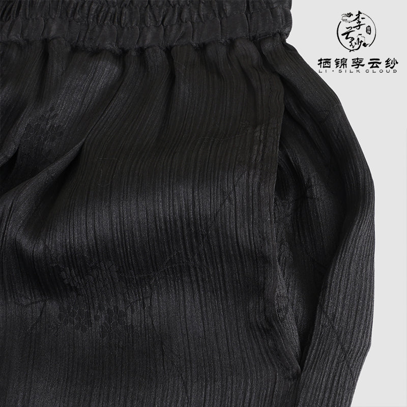 100% Silk Gambiered Silk Embroidered Flowers PantsChinese Style Black Elegant Classic Breezy   GuangdongBlack Pearl Gambiered Guangdong Gauze xiangyunsha