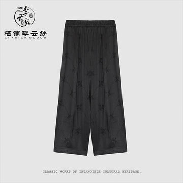 100% Silk Gambiered Silk Embroidered Flowers PantsChinese Style Black Elegant Classic Breezy   GuangdongBlack Pearl Gambiered Guangdong Gauze xiangyunsha