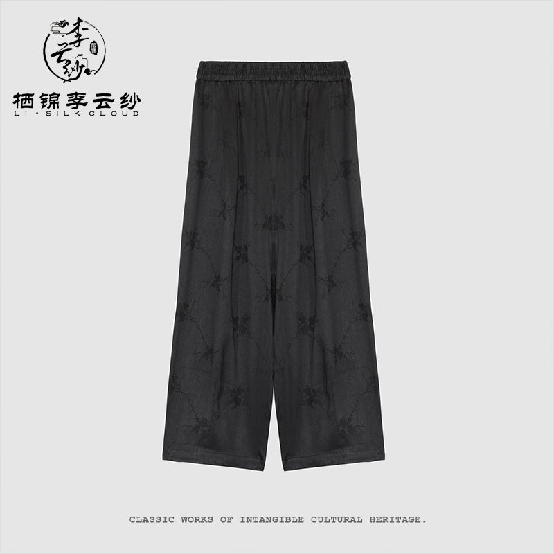 100% Silk Gambiered Silk Embroidered Flowers PantsChinese Style Black Elegant Classic Breezy   GuangdongBlack Pearl Gambiered Guangdong Gauze xiangyunsha
