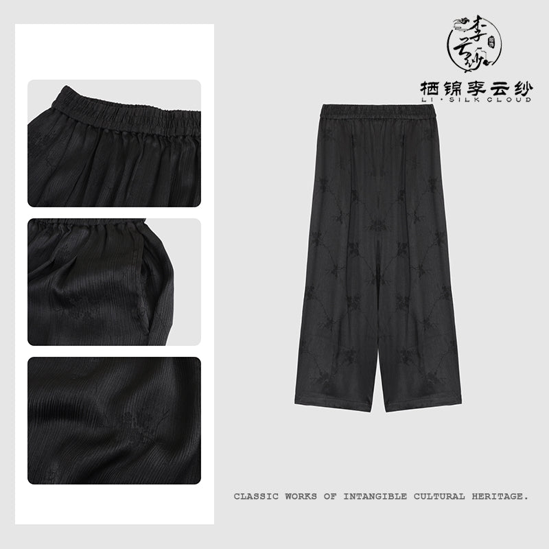 100% Silk Gambiered Silk Embroidered Flowers PantsChinese Style Black Elegant Classic Breezy   GuangdongBlack Pearl Gambiered Guangdong Gauze xiangyunsha