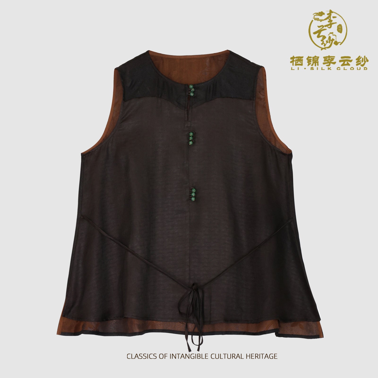 Camisole - Tie Detail Sleeveless Top, Soft Silk Fabric, Traditional Guangdong Black Pearl Gambiered Guangdong Gauze xiangyunsha