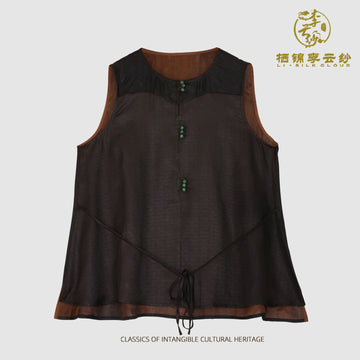 Camisole - Tie Detail Sleeveless Top, Soft Silk Fabric, Traditional Guangdong Black Pearl Gambiered Guangdong Gauze xiangyunsha