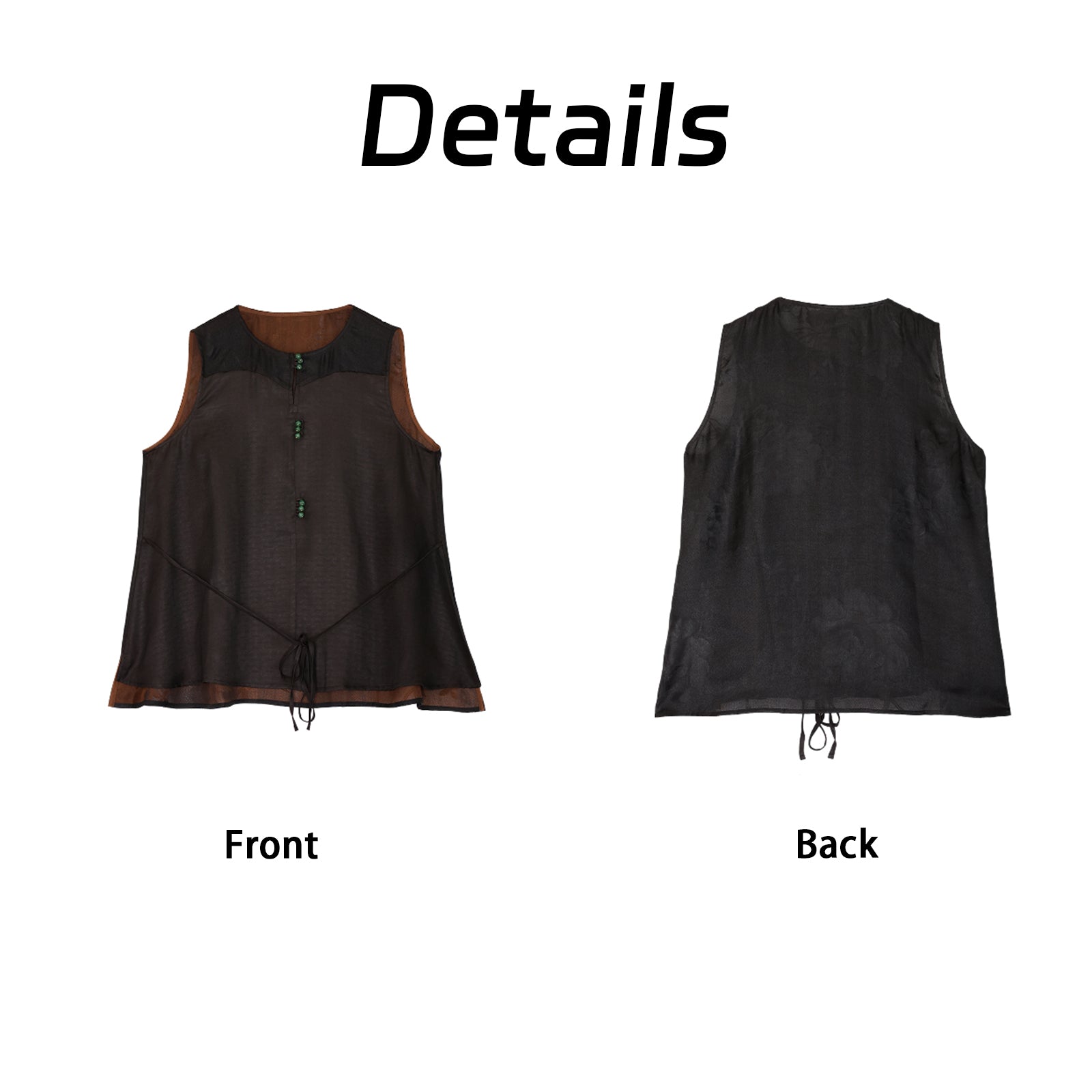 Camisole - Tie Detail Sleeveless Top, Soft Silk Fabric, Traditional Guangdong Black Pearl Gambiered Guangdong Gauze xiangyunsha