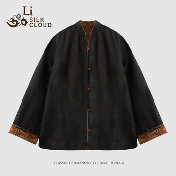 Xiangyunsha Forbidden City-Inspired Top | Mandarin CollarElongates Neck | Hidden Floral Cuffs l Guangdong Black PearlGambiered Guangdong Gauze xiangyunsha Soft Gold