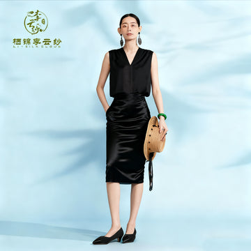 V-Neck Sleeveless Top - Classic Silk Fabric, Stylish Oriental Guangdong Black Pearl Gambiered Guangdong Gauze xiangyunsha