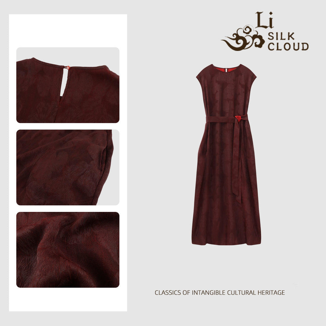 Reversible Wine & Bright Red Gambiered Silk Wrap Dress Chinese Style Embroidered Soft Elegant Guangdong Black Pearl Gambiered Guangdong Gauze xiangyunsha