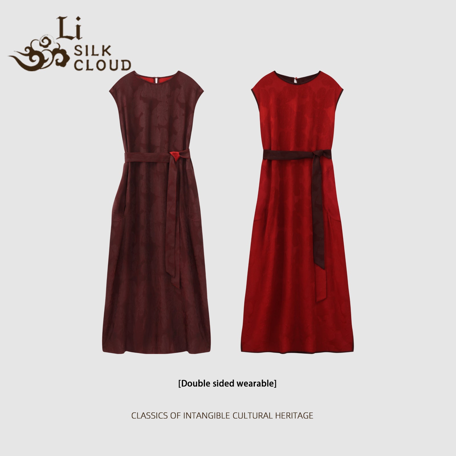 Reversible Wine & Bright Red Gambiered Silk Wrap Dress Chinese Style Embroidered Soft Elegant Guangdong Black Pearl Gambiered Guangdong Gauze xiangyunsha